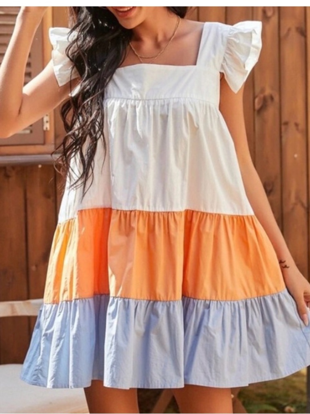 Altar'd State White, Orange & Light Blue Colorblock Tiered Mini Dress